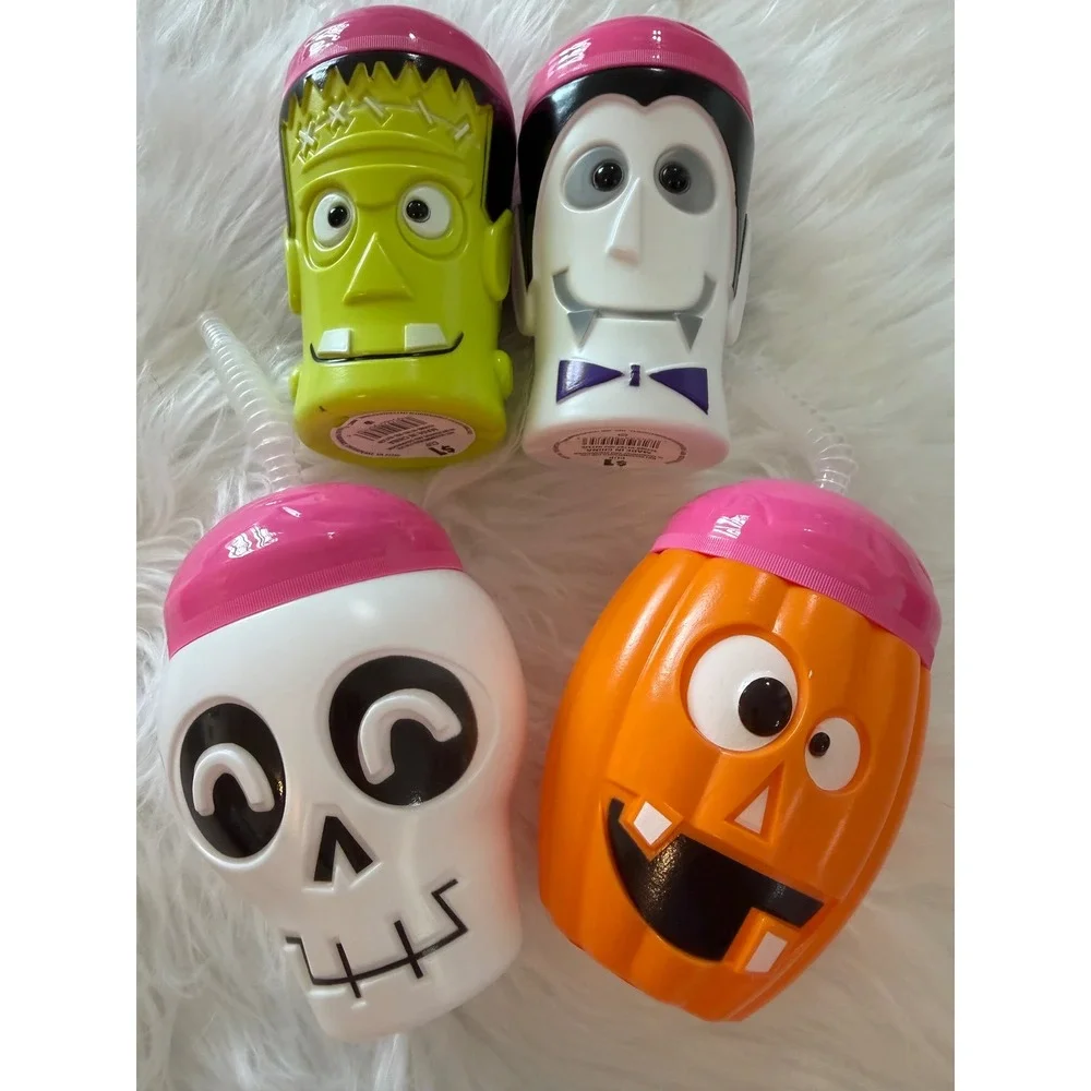 Halloween Monster Cups Set of 4 Frankenstein Dracula Skull Pumpkin with Straws